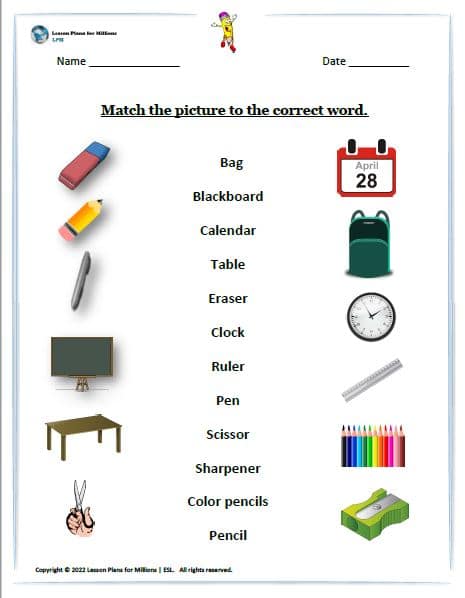 Match the pictures to the correct word - Lesson Plans for Millions