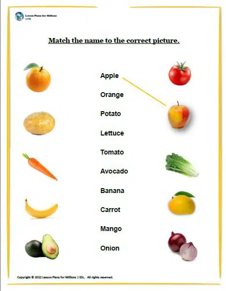 Match the name to the correct picture (Vegetables and fruits)